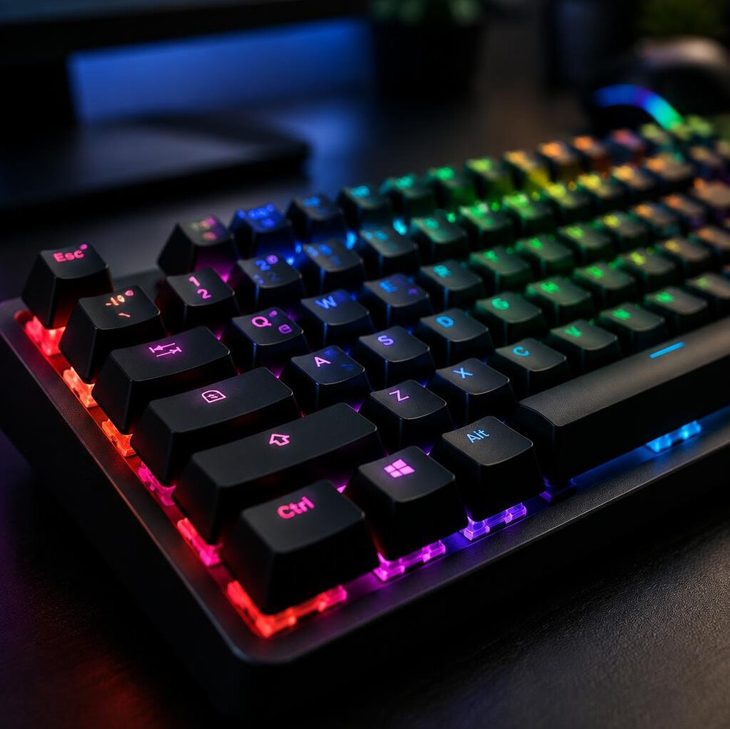 Close-up of a mechanical keyboard with RGB backlighting