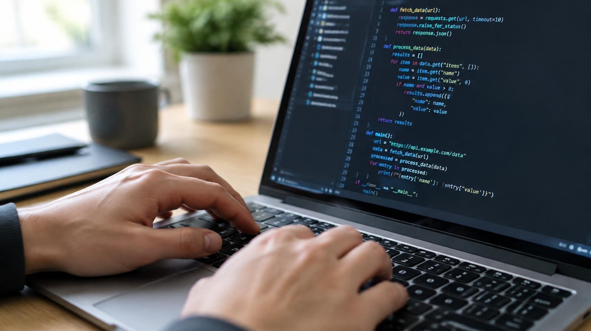 Close-up of hands typing code on a laptop keyboard with colorful syntax highlighting on screen