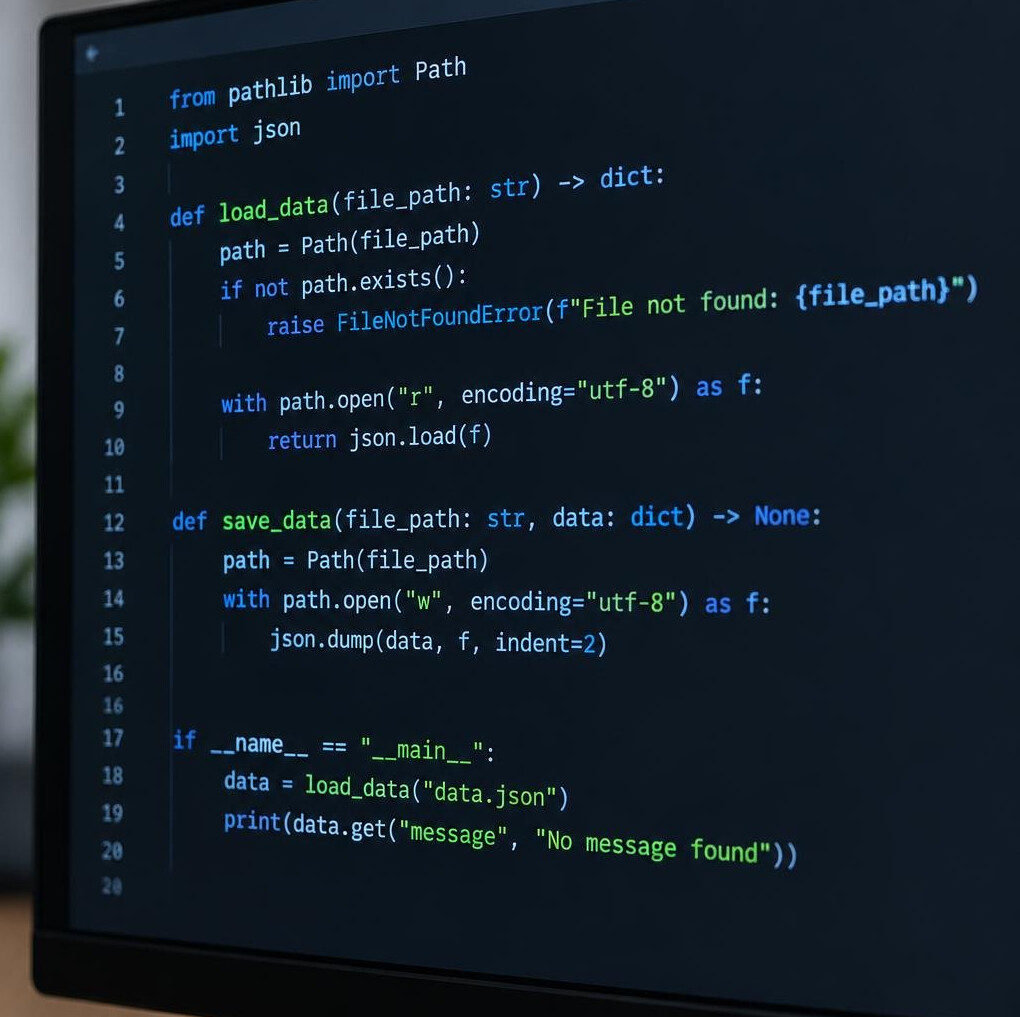 Close-up of a computer monitor displaying code with green and blue syntax highlighting