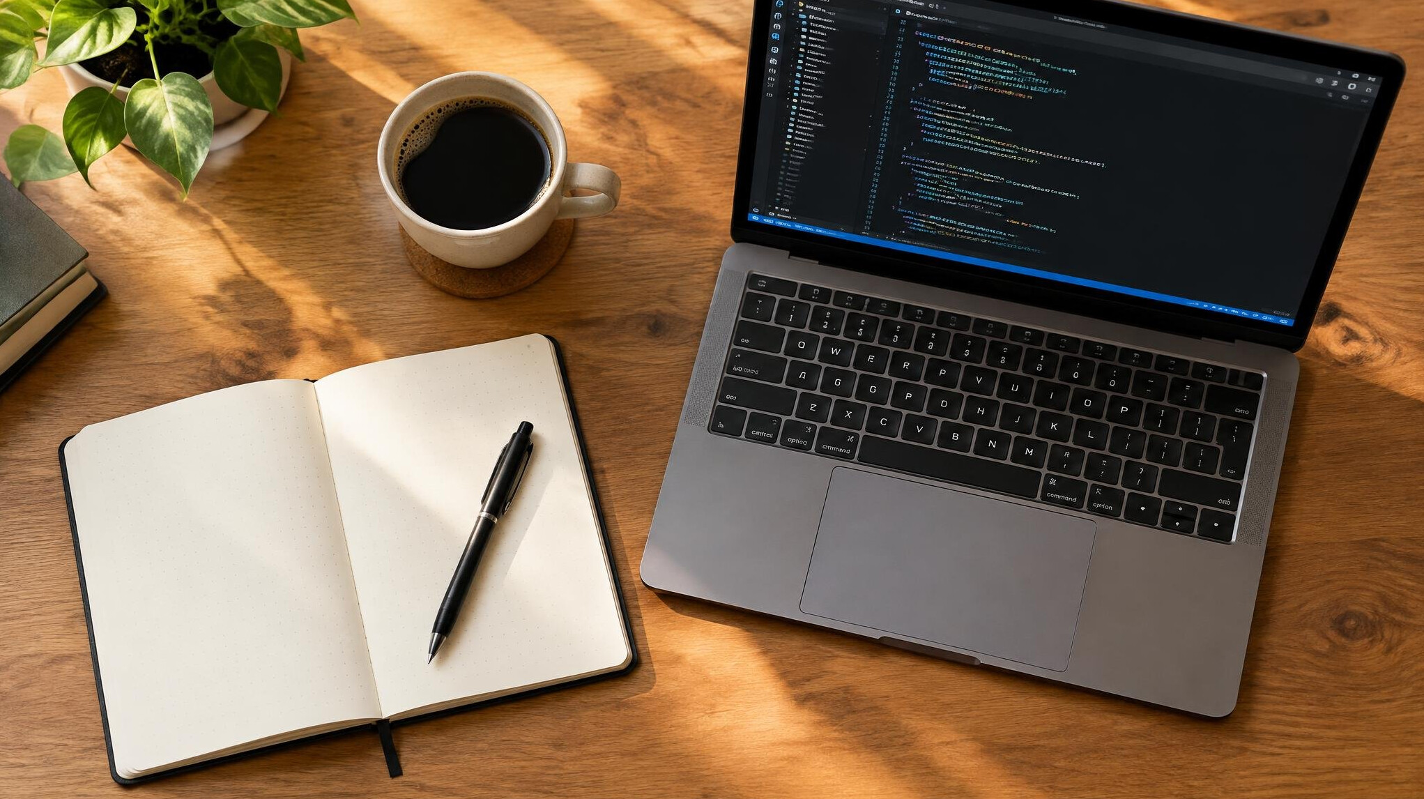 Organized desk with a notebook, pen, coffee cup and laptop displaying code