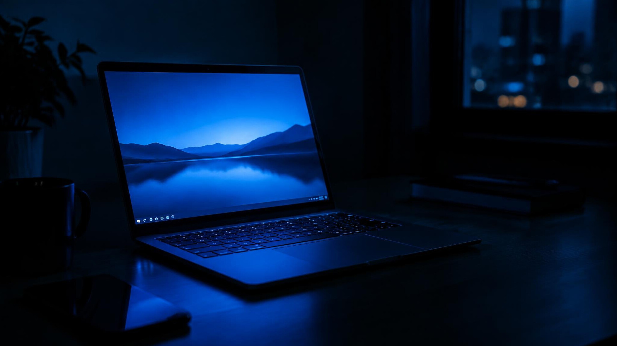 Laptop screen glowing with blue light in a dark room