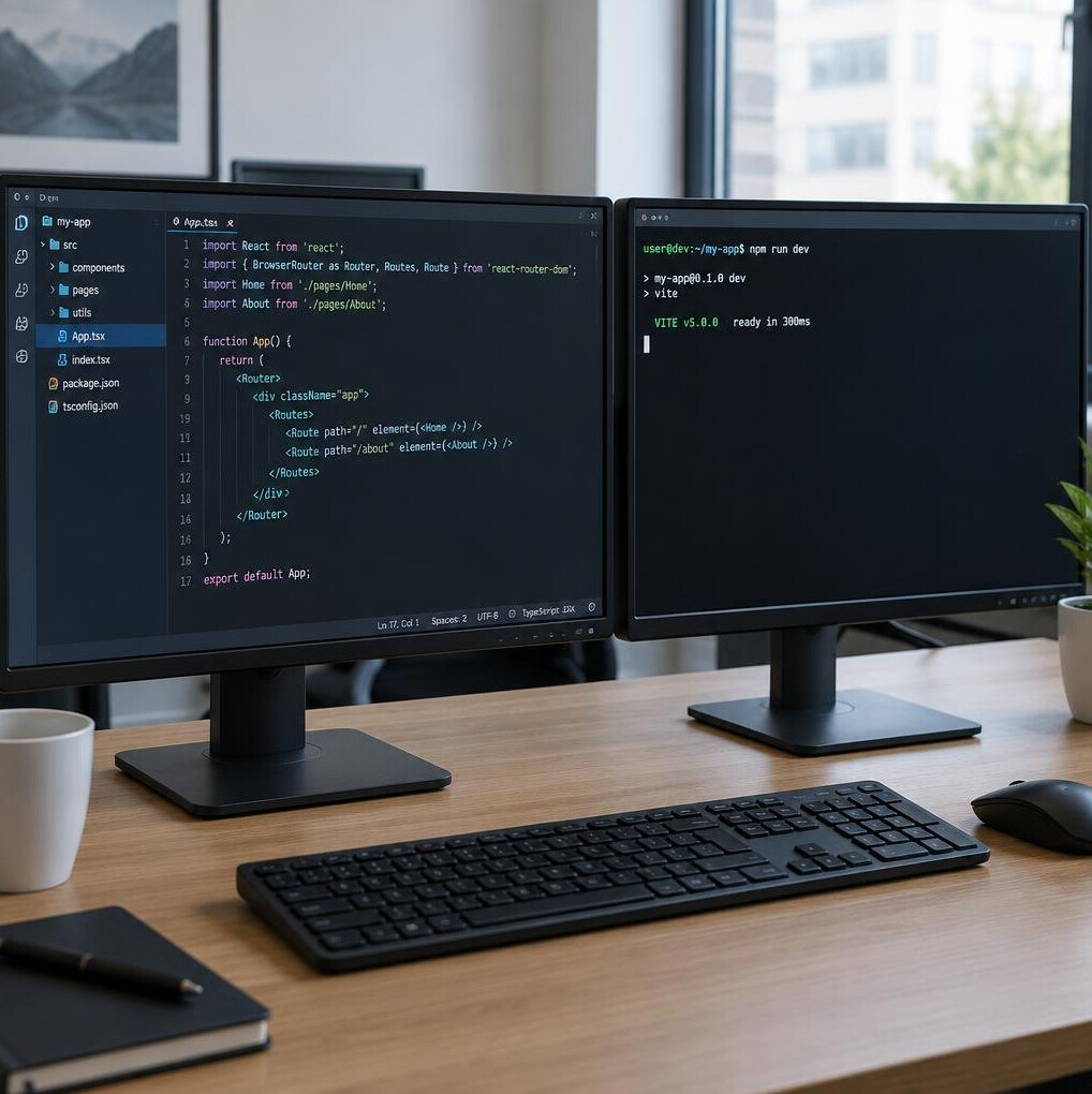Two computer monitors on a desk, one showing code and the other a terminal window